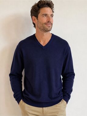 Chereskin Mens V-Neck Cashmere Wool Sweater Size Large Navy Blue
